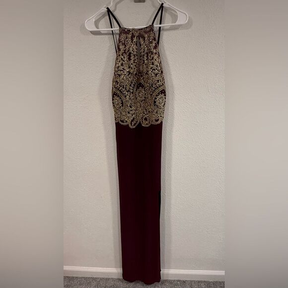 Blondie Nites Burgundy Formal Gown Beaded Halter Side Slit Open Back Dress - Picture 5 of 9